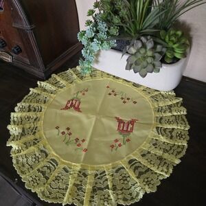Vintage 2-Yellow Lace Doily Round Cross-Stitch Floral Monogram Table Topper Pair